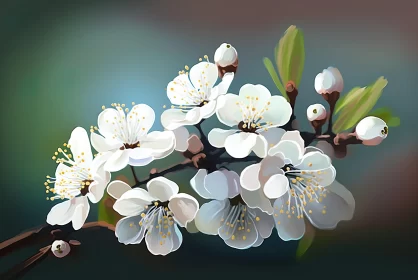 White Blossoms on Branch: Colorful Cartoon Style Art