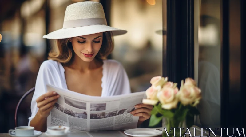 Young Woman Reading Newspaper at Cafe Table AI Image
