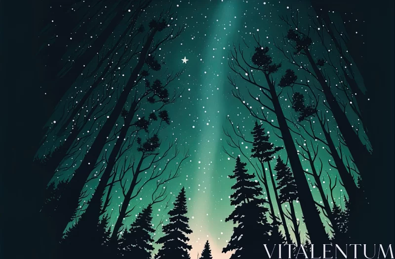AI ART Nostalgic Illustration of Dark Snowy Forest with Purple Starry Sky