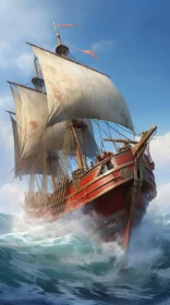 Pirate Ship Sailing on Turbulent Sea - Digital Painting