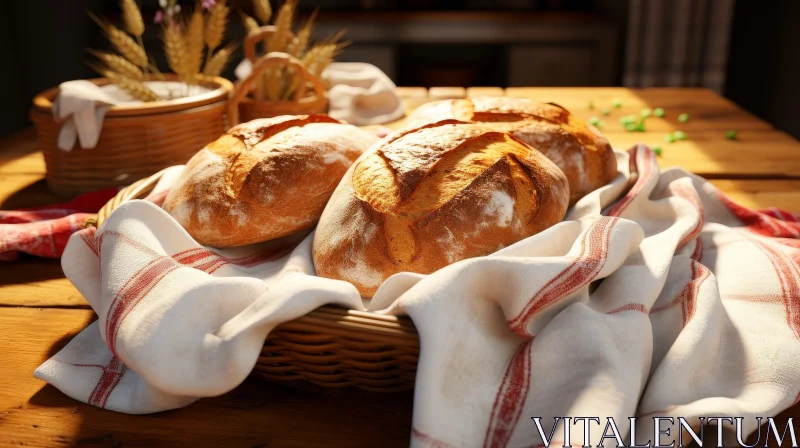 AI ART Rustic Basket of Freshly Baked Bread on Wooden Table