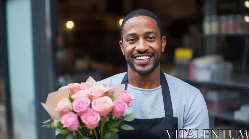 Smiling Young Man at Flower Shop with Pink Roses AI Image