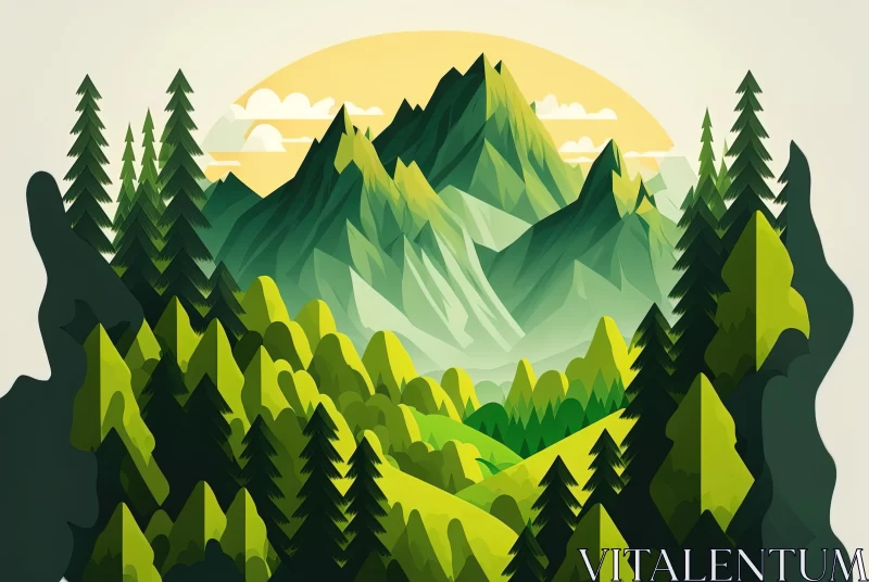 Stylized Landscape with Mountains and Trees - Flat Style Illustration AI Image