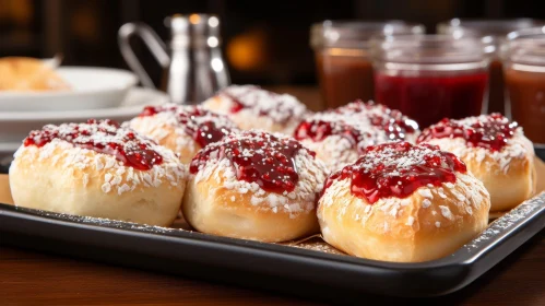 Sweet Bread with Red Berry Jam on Wooden Table