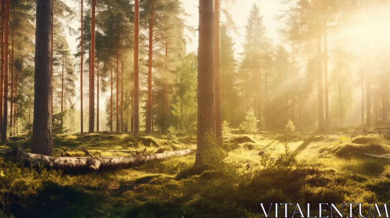 Tranquil Coniferous Forest Sunlight Scene AI Image