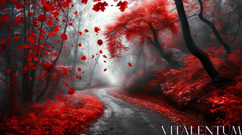 AI ART Tranquil Forest Fall Scene with Red Leaves