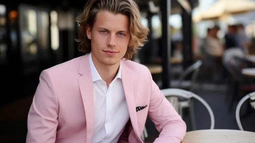 Young Man in Pink Suit at Outdoor Seating Area