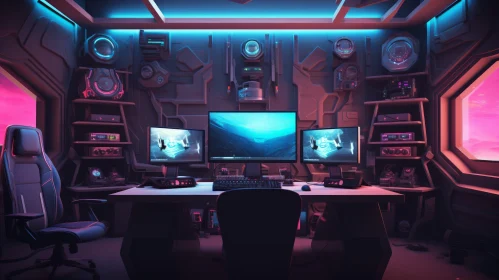 Futuristic Gaming Room: 3D Rendering with Neon Lights AI Image