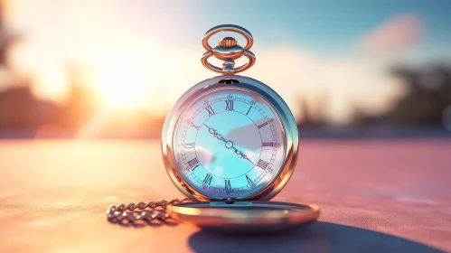 Gold Pocket Watch 3D Rendering at Sunset
