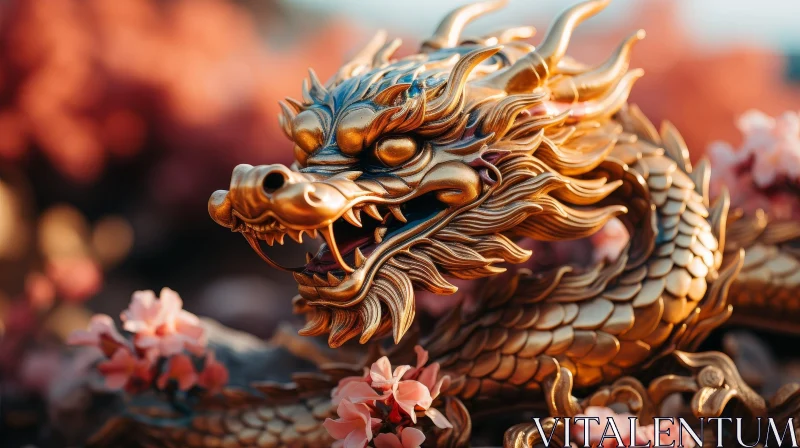 Golden Dragon Head 3D Rendering with Pink Flowers AI Image