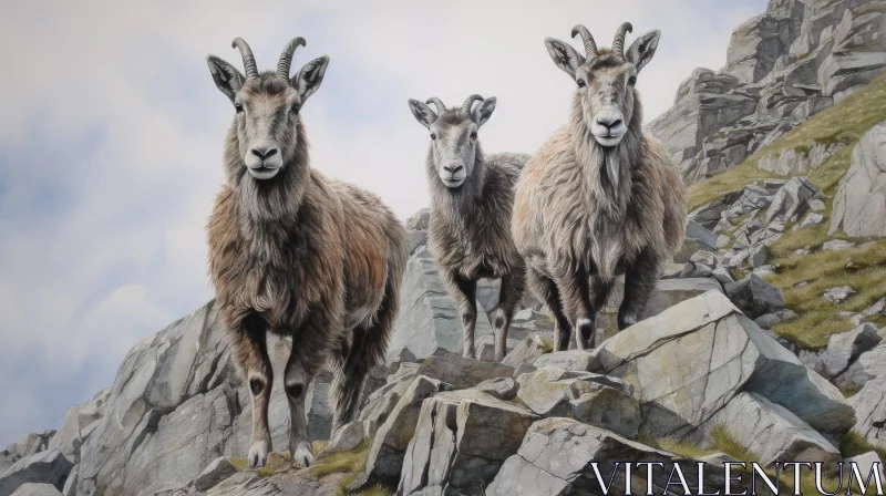 Mountain Goats Painting on Rocky Cliff AI Image