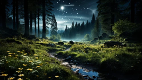 Night Forest Landscape with Moon and Stream