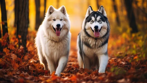 Siberian Huskies Playing in Fall Forest
