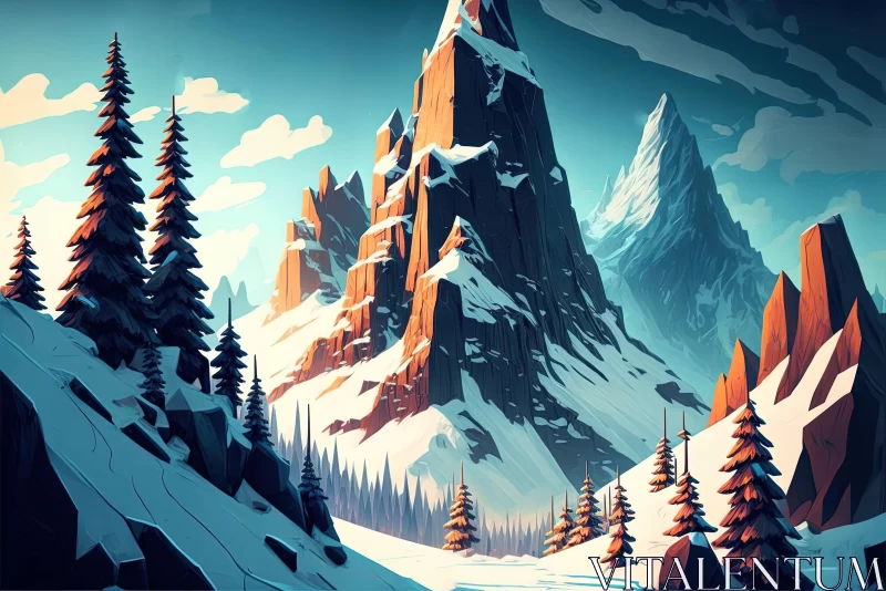 Snowy Mountain Scene - Animated Illustration | Nature Art AI Image