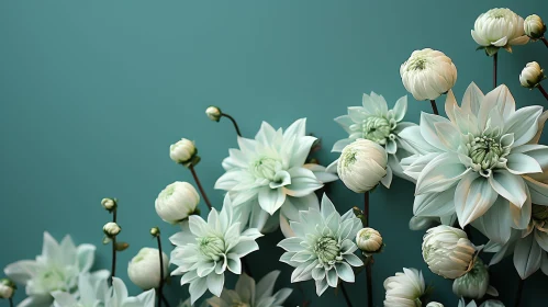 White and Green Dahlia Flowers on Dark Green Background