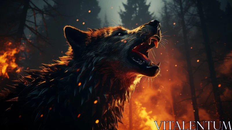 Wolf Howling in Forest Fire Digital Painting AI Image
