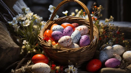 Colorful Easter Eggs in Wicker Basket Still Life
