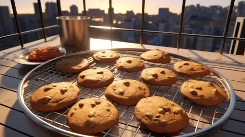 Delicious Chocolate Chip Cookies with Milk at Sunset