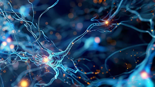 Detailed 3D Neuron Illustration in Blue and Orange