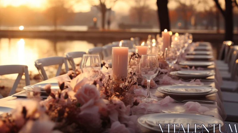 AI ART Elegant Wedding Table Setting with Pink Flowers and Sunset View