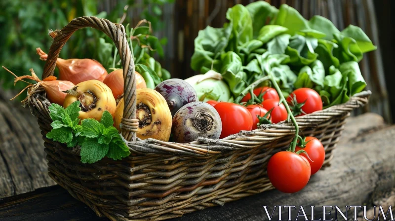 AI ART Freshly-Harvested Vegetable Basket on Wooden Table