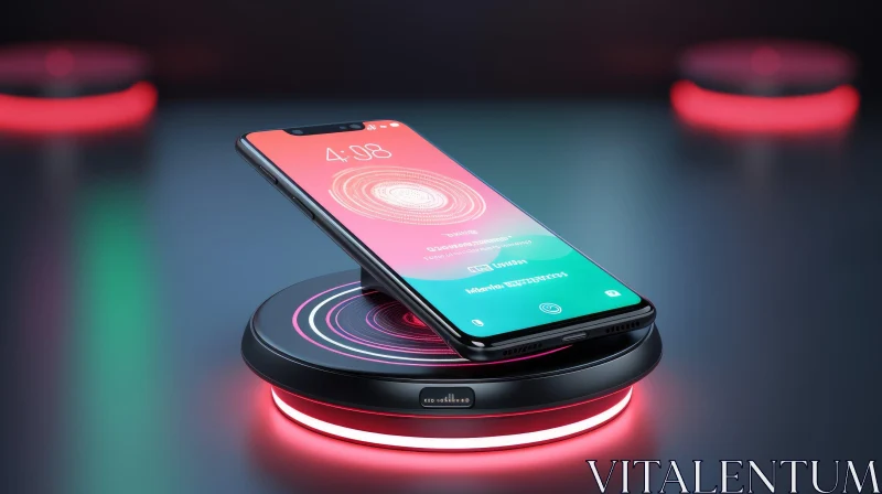 Glowing Red Smartphone on Wireless Charging Stand AI Image