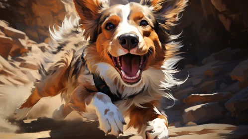 Happy Australian Shepherd Dog Running in Desert