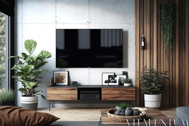 Modern Living Room with TV, Plants, and Wood | Photorealistic Industrial Design AI Image