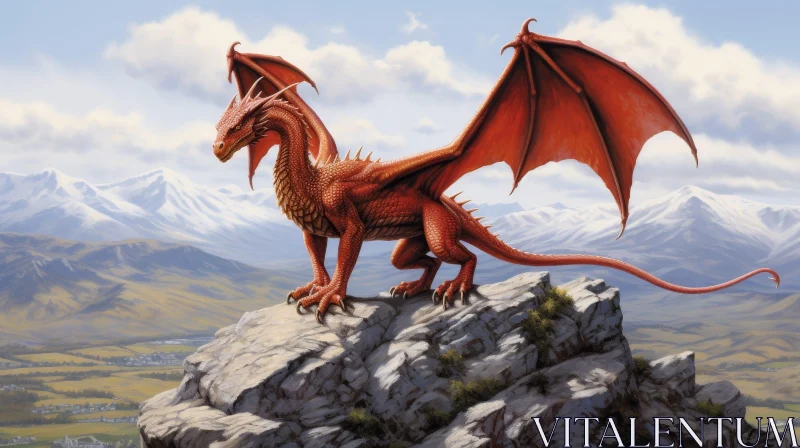 Red Dragon Digital Painting on Mountain Range AI Image