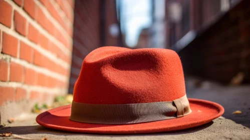 Stylish Red Fedora Hat on Sidewalk - Urban Fashion Photography