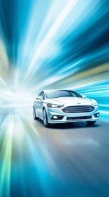 White Ford Fusion Driving on Bright Road - Impressionist Light Effects