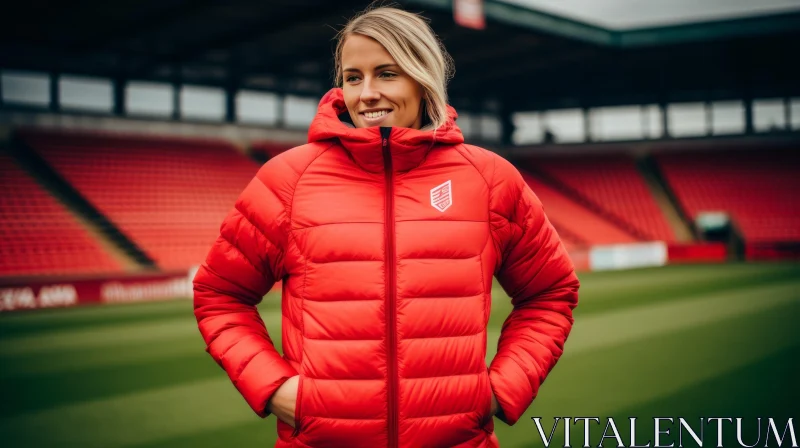 Female Soccer Player in Red Puffer Jacket at Empty Stadium AI Image