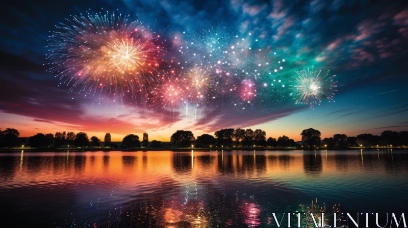 Majestic Fireworks Reflection in Lake Landscape AI Image