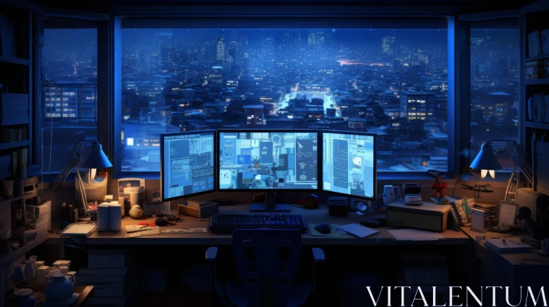 Night City Workplace Panorama AI Image