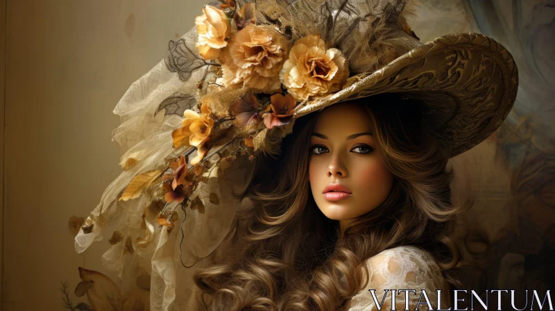 Stylish Woman Portrait with Flower Hat AI Image