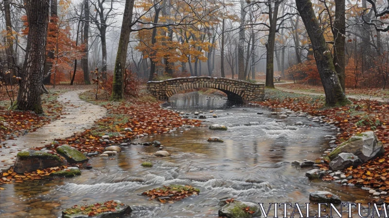 Tranquil Autumn Forest Landscape with Stone Bridge AI Image