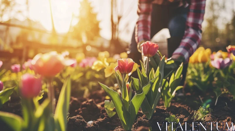 Tranquil Scene: Person Gardening in Tulip Field AI Image