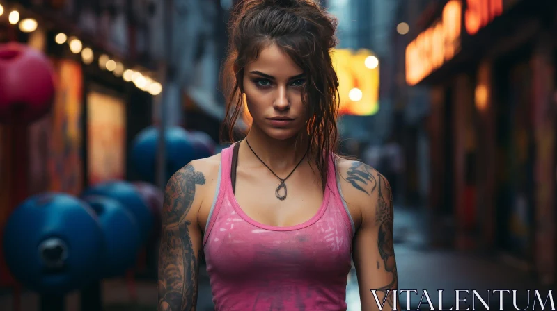 Urban Young Woman with Tattoos in Pink Tank Top AI Image