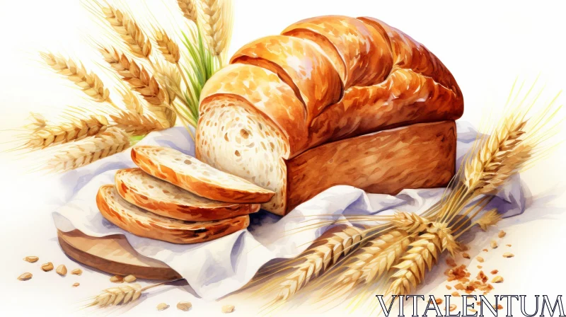 AI ART Warm Bread and Wheat Watercolor Painting