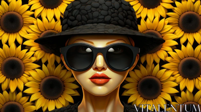 AI ART Young Woman Portrait with Black Hat and Sunflowers