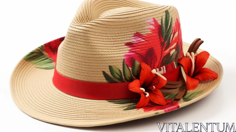 Chic Straw Hat with Red Ribbon and Floral Pattern AI Image