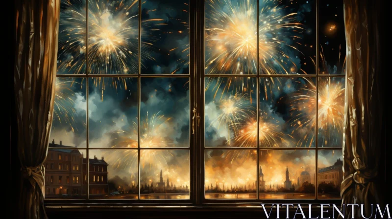 AI ART Cityscape at Night with Fireworks: Festive Painting