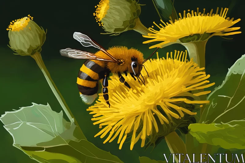 Delicate Bee Feeding on Vibrant Yellow Flower - Digital Painting AI Image