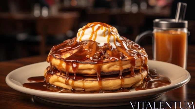 Delicious Golden Pancakes with Whipped Cream and Caramel Sauce AI Image