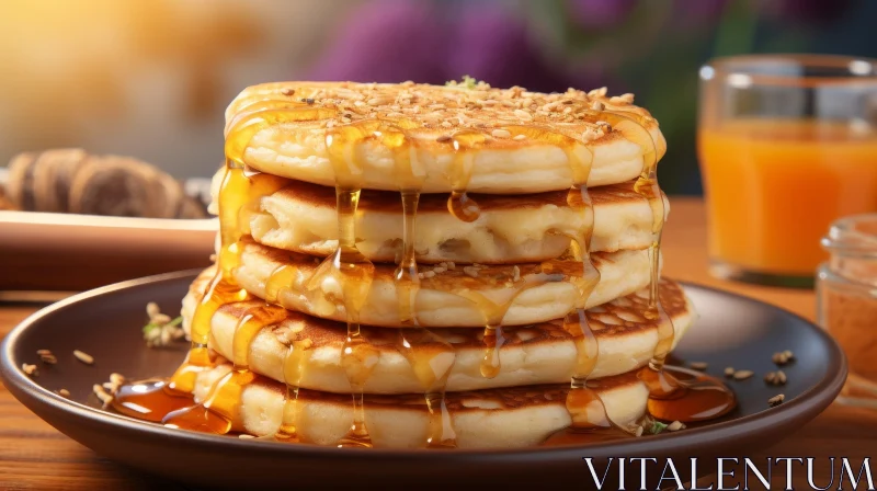 Delicious Pancakes with Sesame Seeds and Honey on Plate AI Image