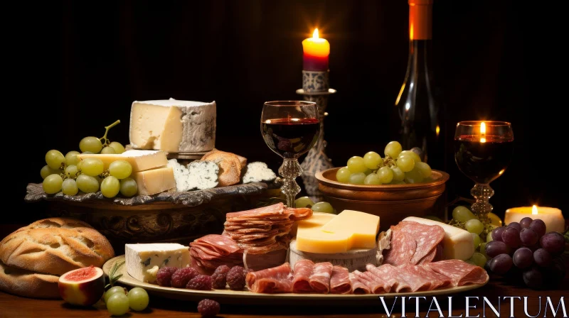 Elegant Still Life Table Setting with Wine, Cheese, and Fruit AI Image
