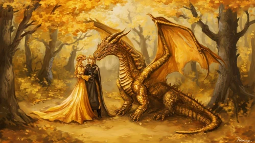 Golden Dragon Fantasy Painting in Autumn Forest