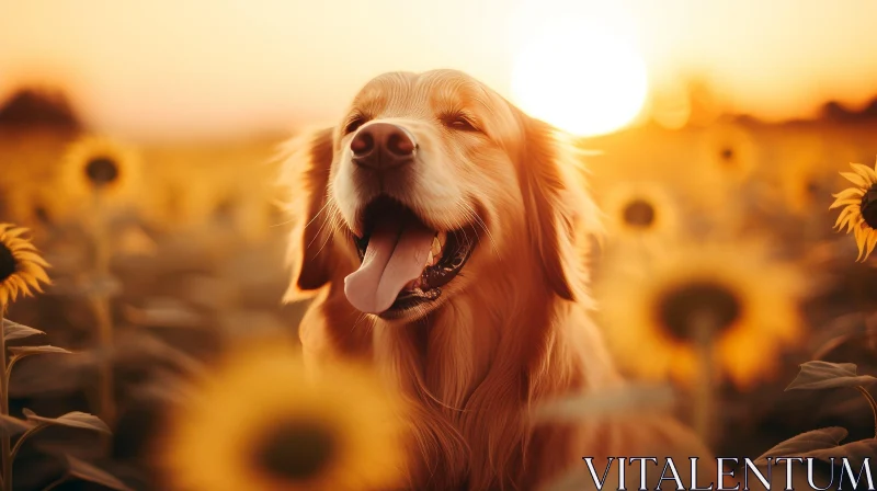 AI ART Golden Retriever Dog in Sunflower Field at Sunset