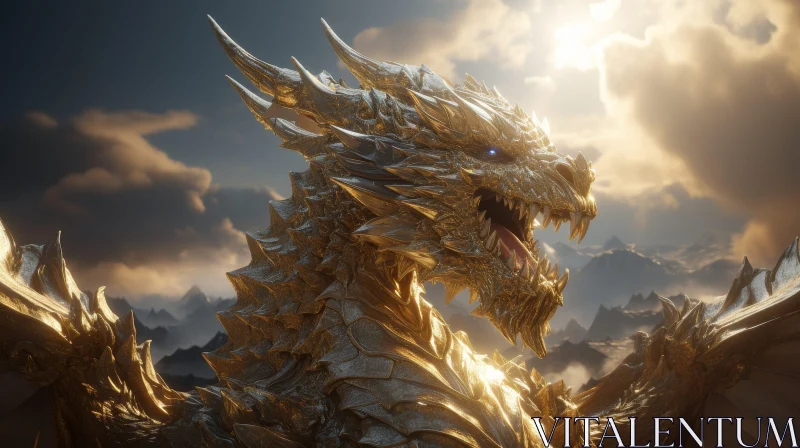 Majestic Gold Dragon 3D Rendering on Mountaintop AI Image