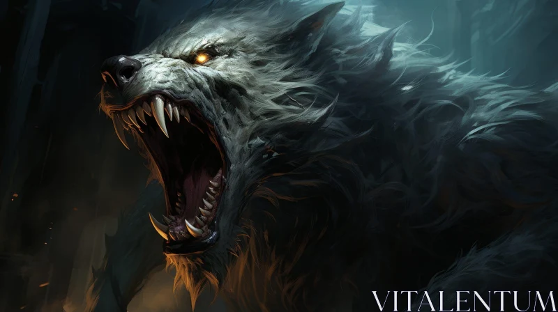 Menacing Wolf in Dark Forest - Digital Painting AI Image